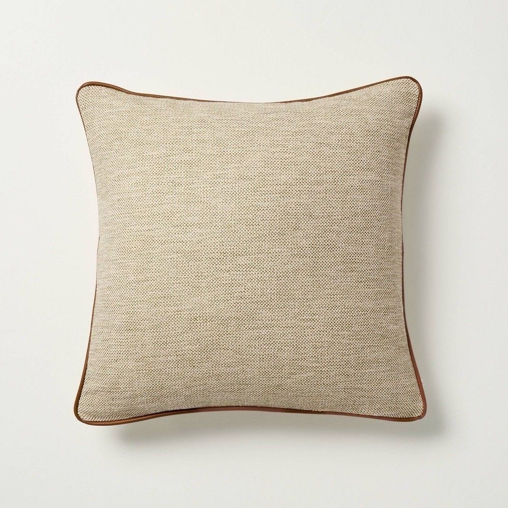 Hearth & Hand Magnolia 18x18 Green Tweed Faux Leather Trim Toss Pillow New